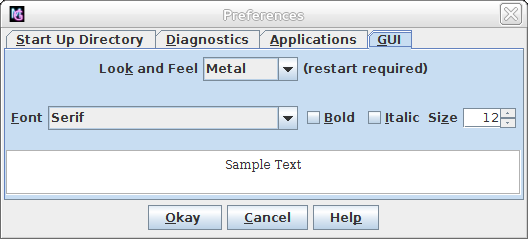 image of properties dialog with GUI tab selected (Metal Look and Feel)