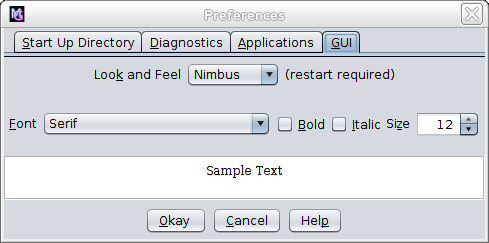 image of properties dialog with GUI tab selected (Nimbus Look and Feel)